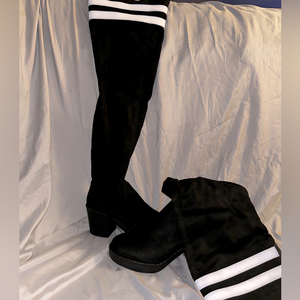 Black and White Striped Over the Knee Boots
